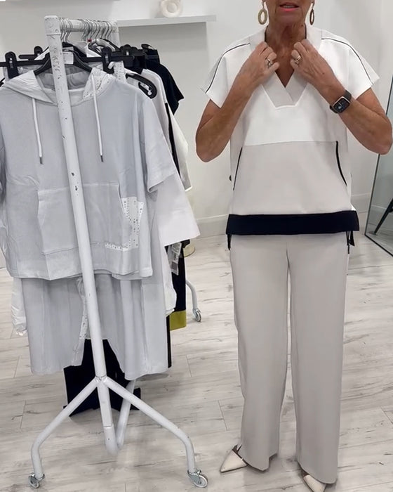 V-Neck Color Matching Slit Casual Suit