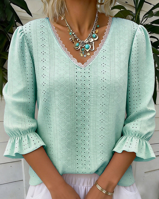 Elegant V-Neck Lace Cut-Out T-Shirt