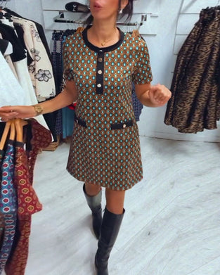 Fashionable polka dot print round neck short sleeve dress
