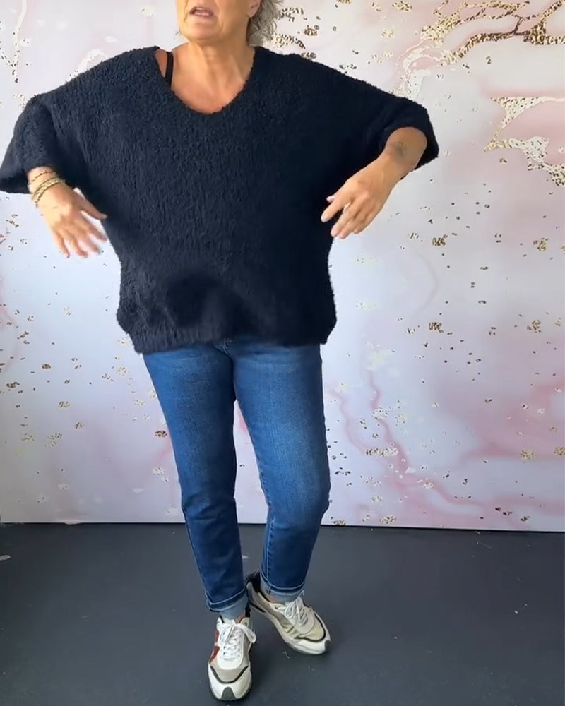 V-neck solid color casual pullover sweater