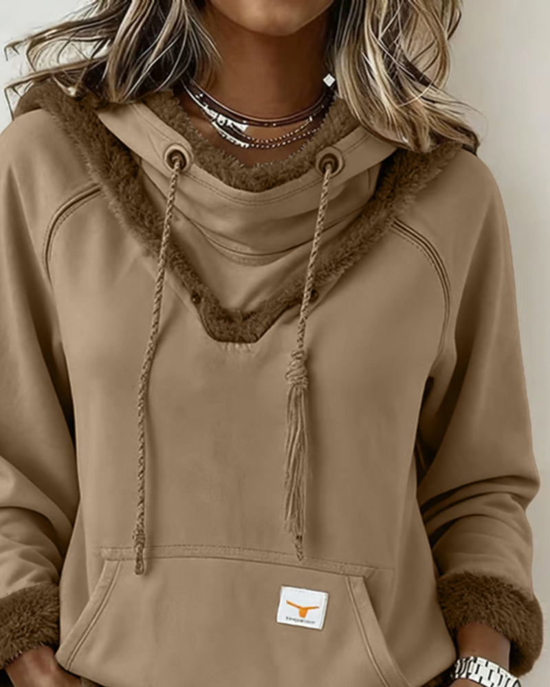 Patchwork Long-Sleeved Pocket Sweatshirt