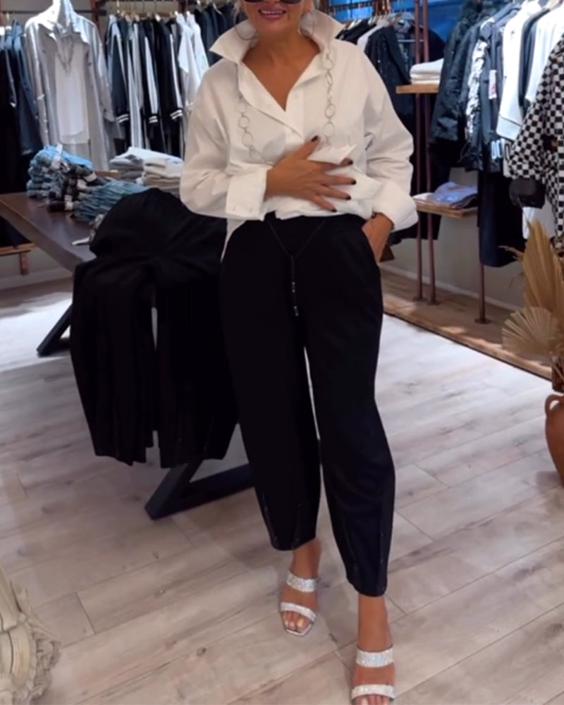 Casual solid color drawstring sequin patchwork pants