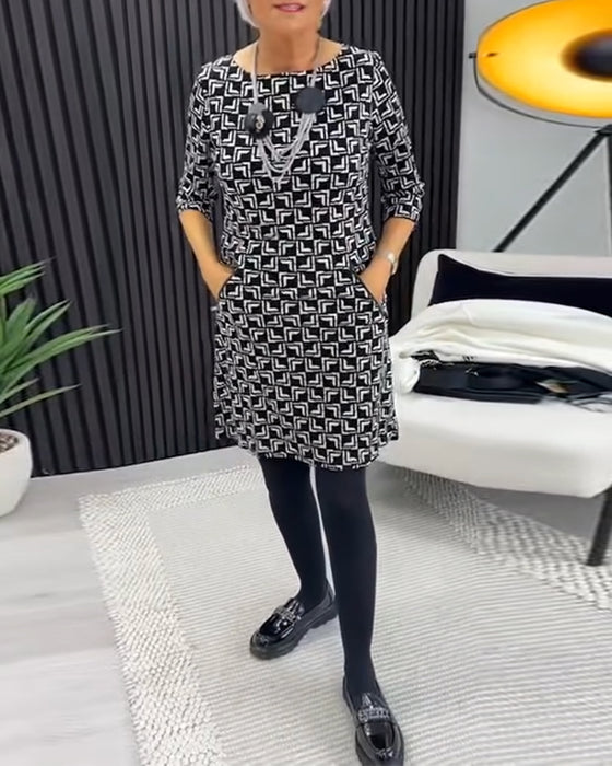 Retro geometric print round neck pocket dress