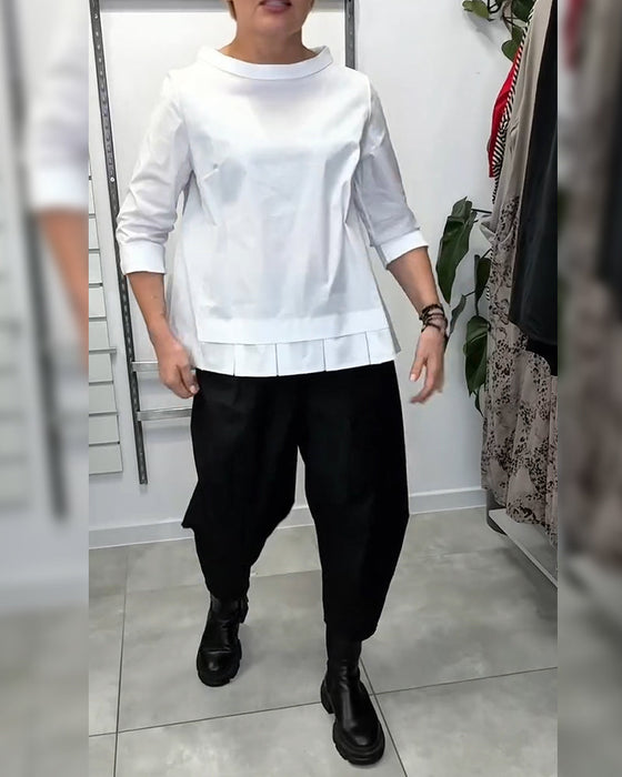 100% Cotton Wide-Collar Solid Color Casual Blouse