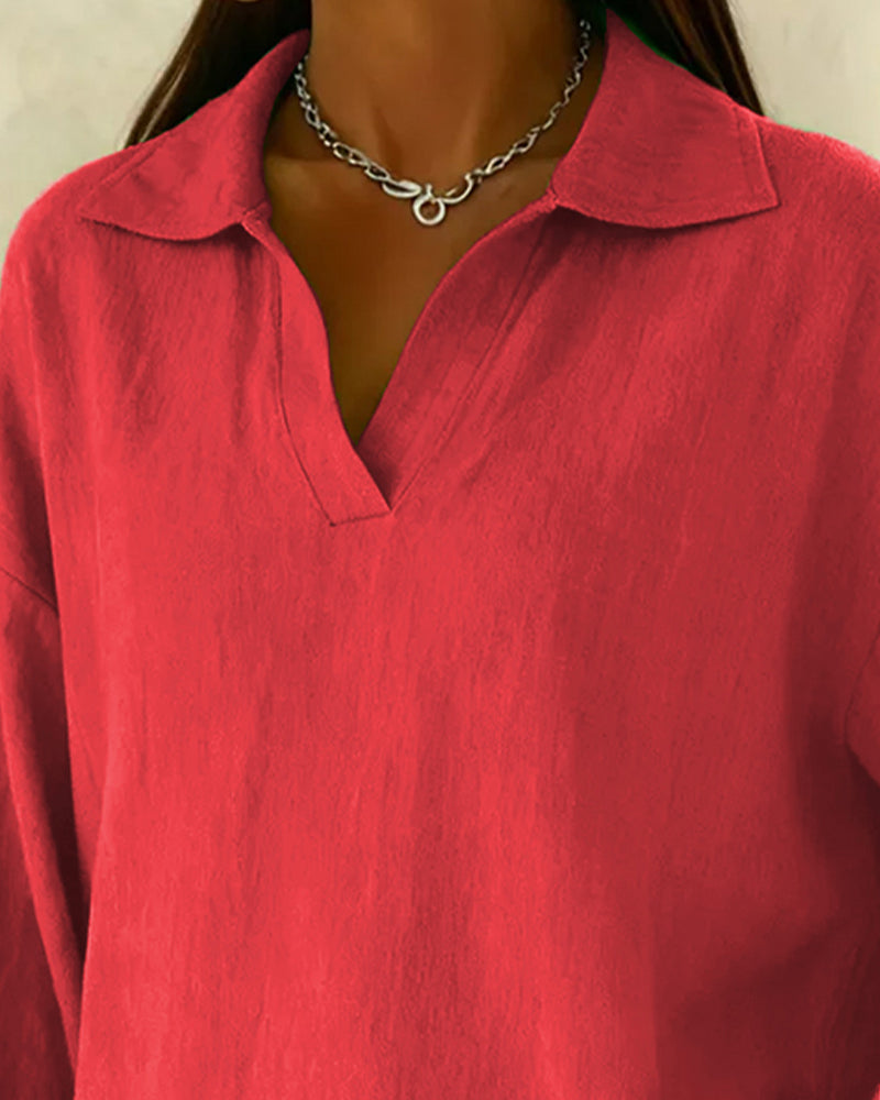 Cotton Lantern Sleeve Collared Solid Color Blouse