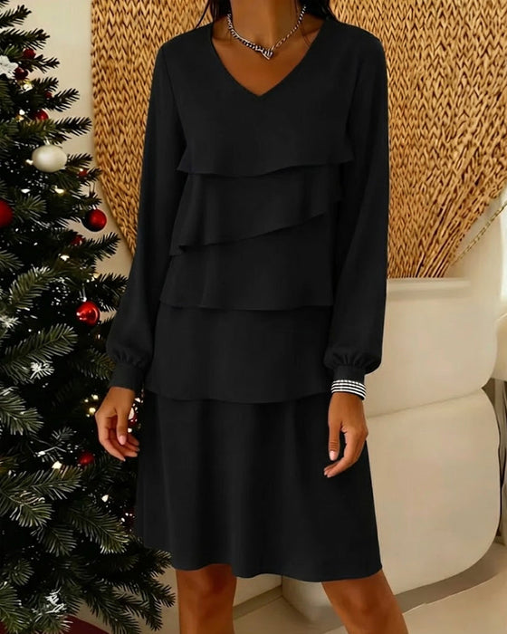 V-Neck Long Sleeve Tier Layer Dress