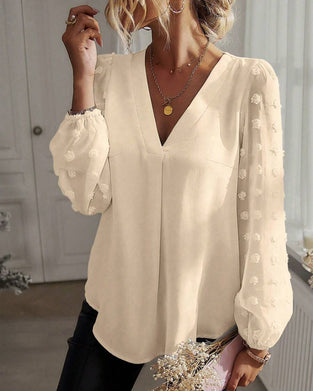 3D Flower Lantern Sleeve V-Neck Blouse