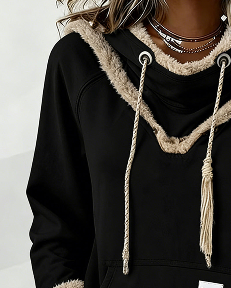 Patchwork Long-Sleeved Pocket Sweatshirt