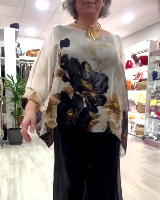 Long-Sleeved Irregular Large Flower Print Blouse