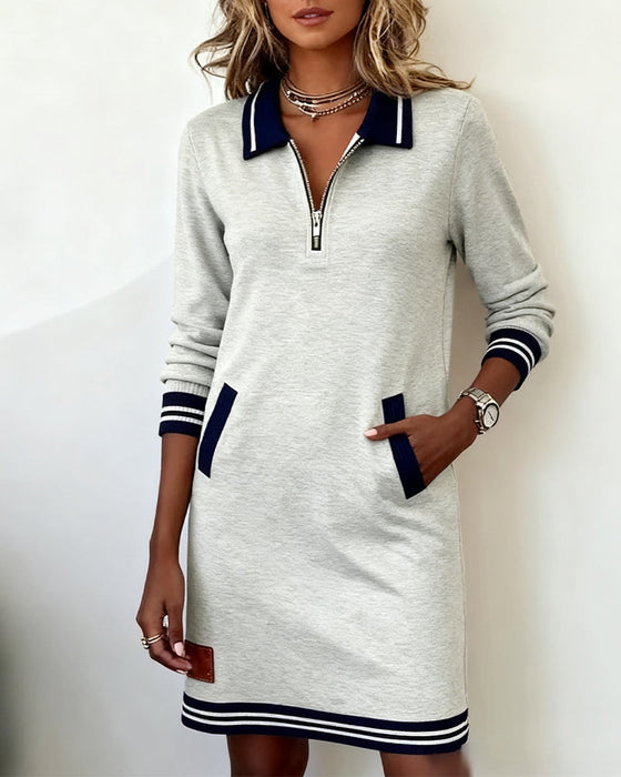 Zipper Lapel Long Sleeve Dress