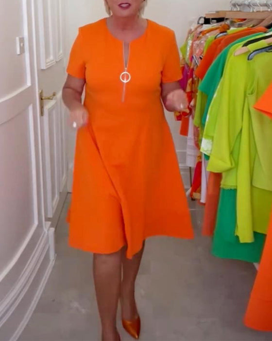 Fashion solid color zipper short sleeve dress