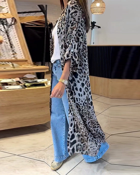 Leopard print long sleeve button long coat