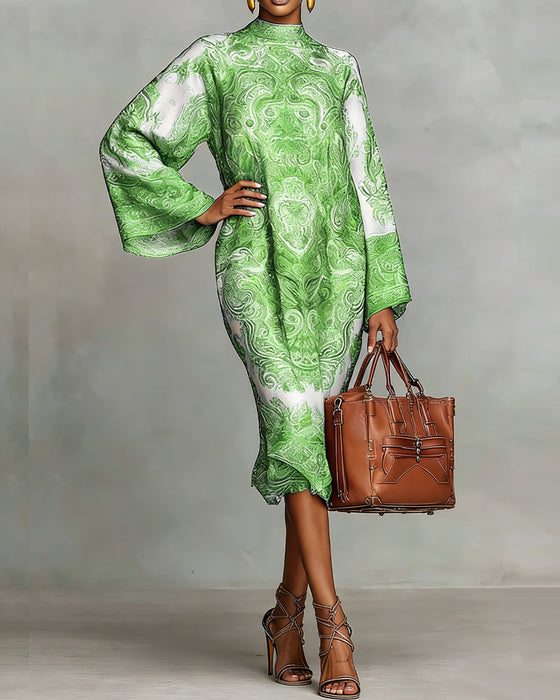 High-Neck Vintage Print Dress
