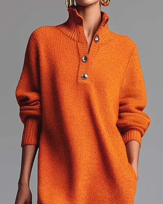 Solid Color Button High Neck Dress
