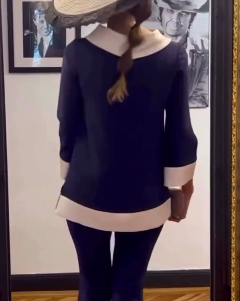 Casual contrast color stand collar loose top