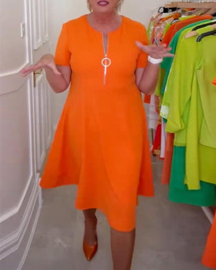 Fashion solid color zipper short sleeve dress