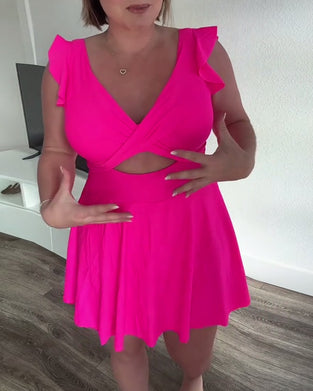 Ruffle Sleeve Solid Color Swimsuit