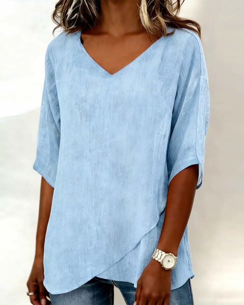 Irregular Hem Solid Color V-Neck Top