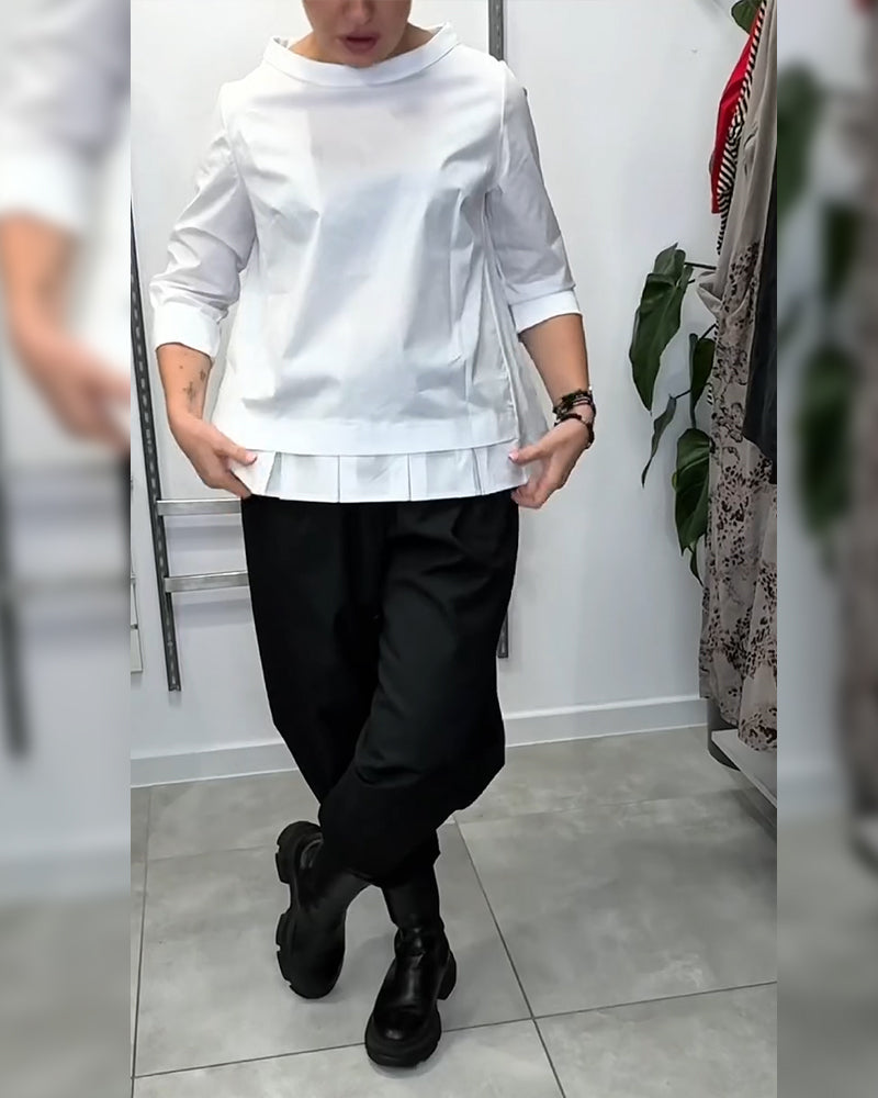 100% Cotton Wide-Collar Solid Color Casual Blouse