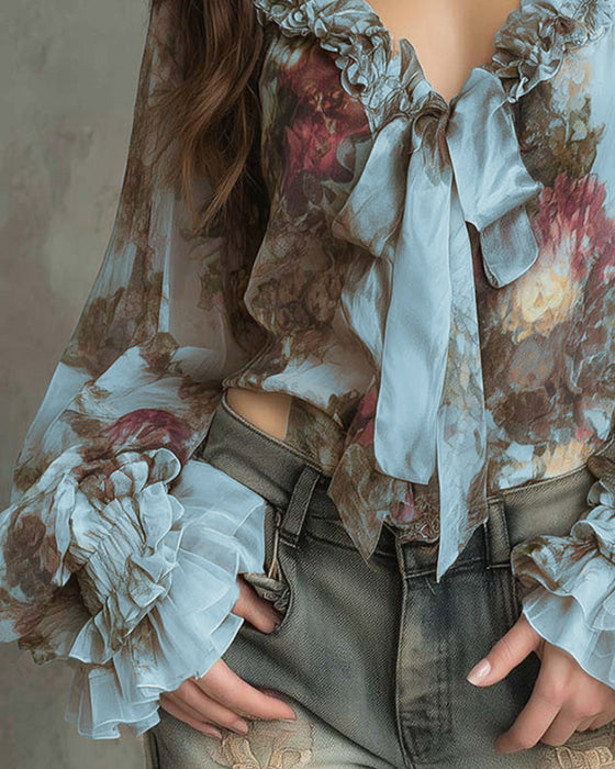 Lotus-Print Elegant Blouse