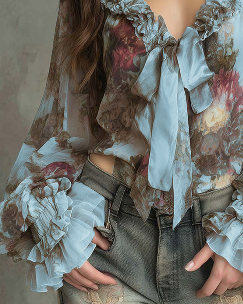 Lotus-Print Elegant Blouse