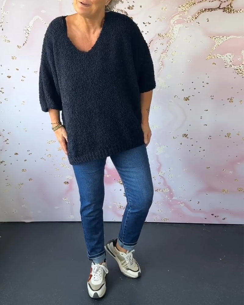 V-neck solid color casual pullover sweater