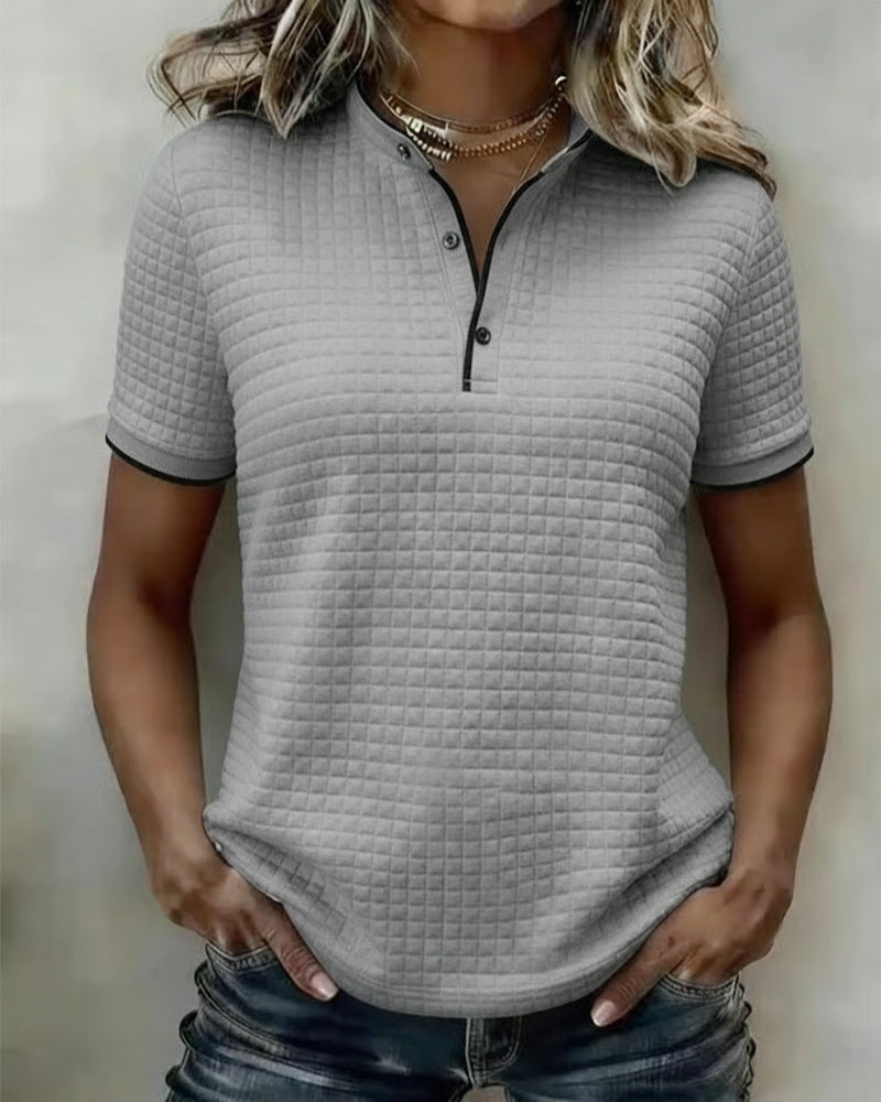 Waffle-Knit Button-Down Short-Sleeved Top