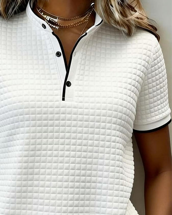 Waffle-Knit Button-Down Short-Sleeved Top