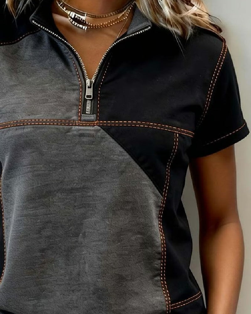 Half-Zip Color-Block Short-Sleeved Top