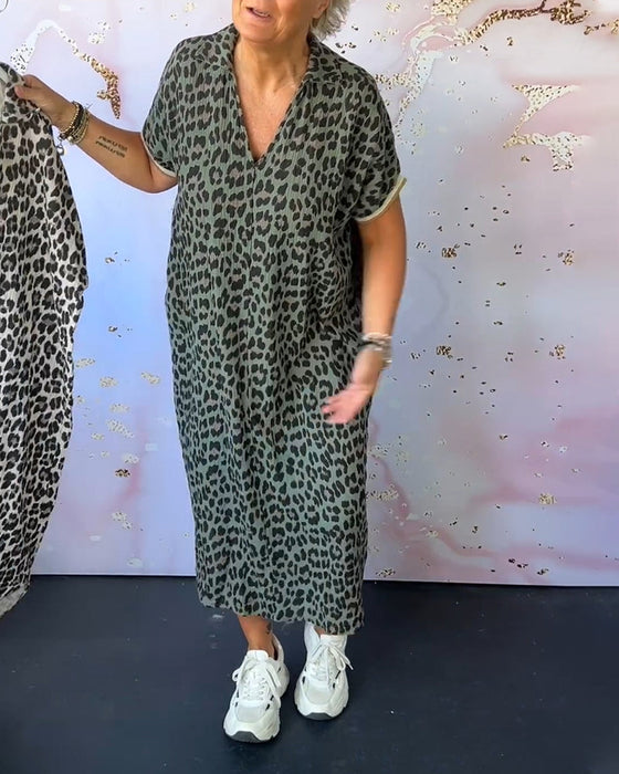 V-neck short-sleeved leopard print dress