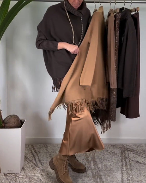 High neck solid color tassel pullover