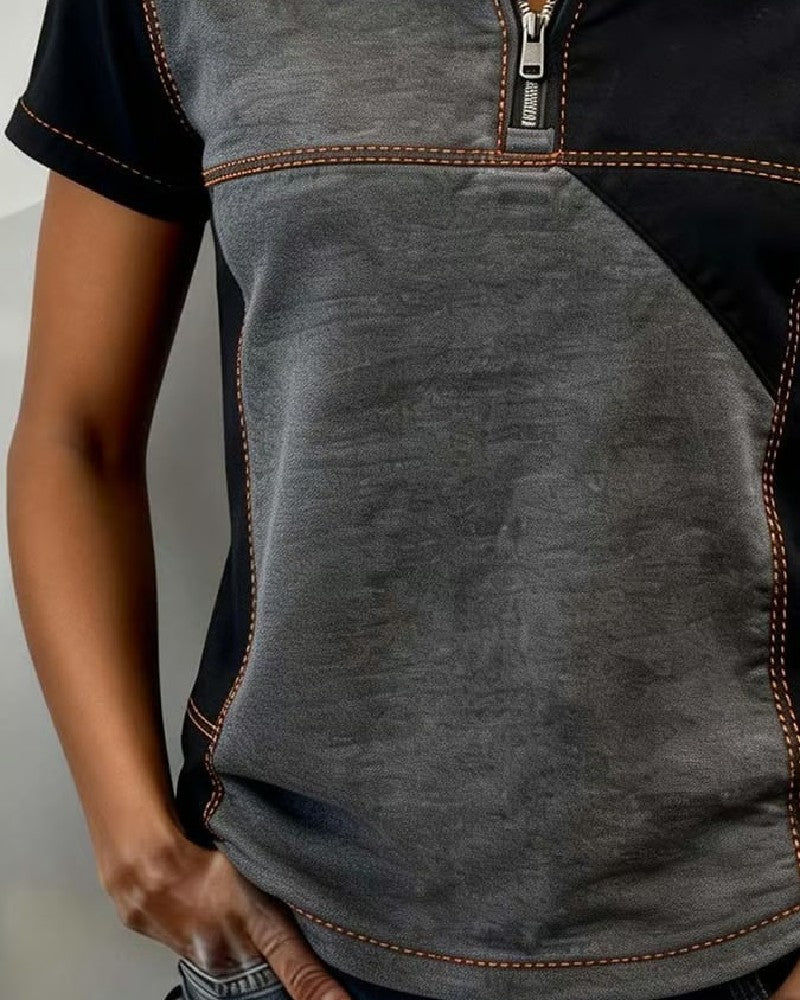 Half-Zip Color-Block Short-Sleeved Top