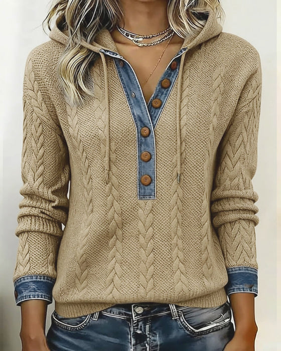 Color-Blocked Button Long-Sleeved Hooded