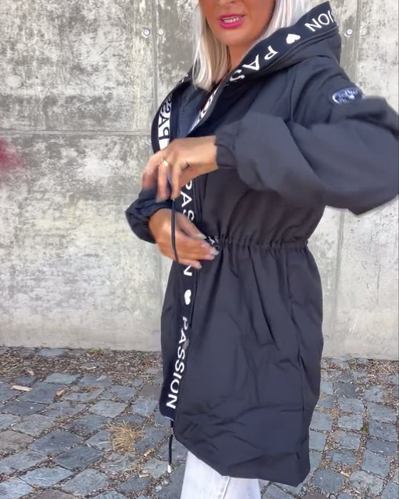 Casual letter print drawstring hooded coat