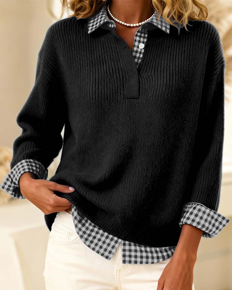 Solid Color Plaid Patchwork Pullover