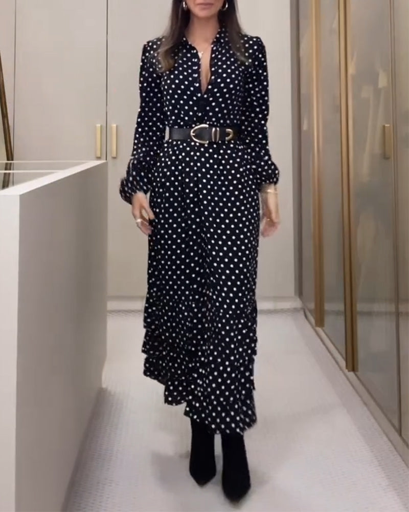 Fashionable polka dot button slit ruffle dress
