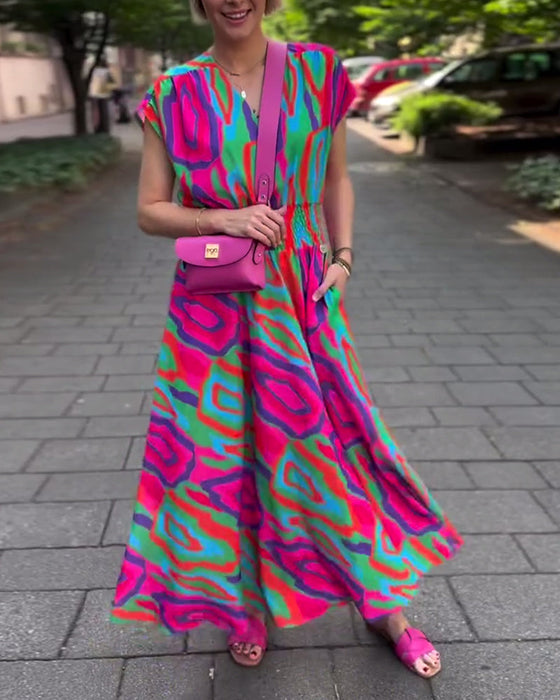 Colorful printed V-neck raglan sleeves long dress
