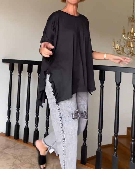 Solid color round neck casual blouse