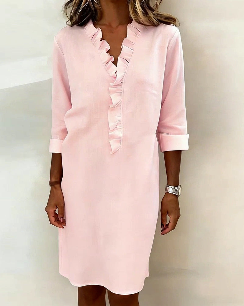 Ruffled V-Neck Solid Color Dress
