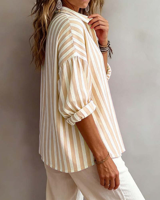 Striped Loose-Fitting Collared Blouse