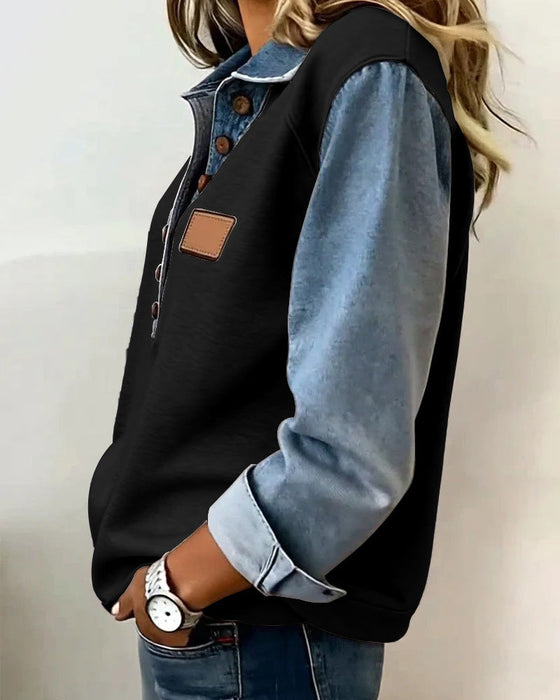 Stylish Denim Patchwork Long-Sleeved Sweatshirt