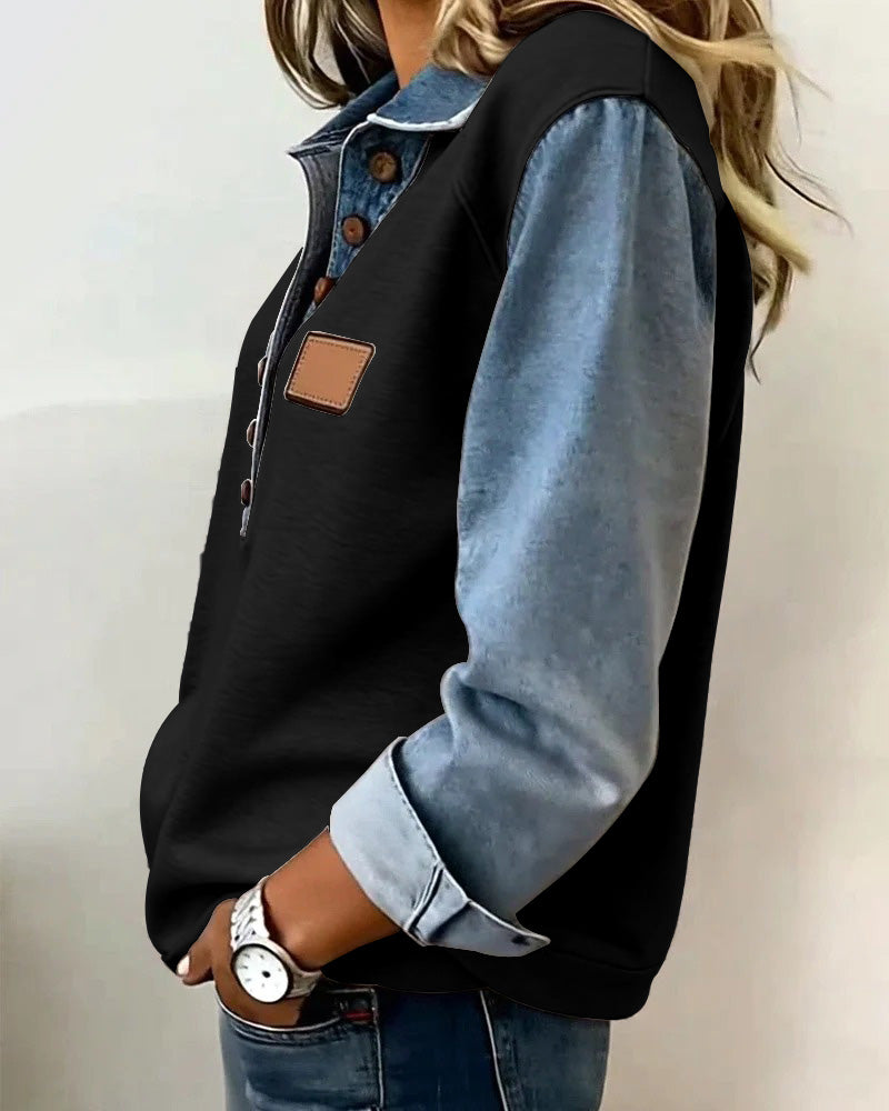 Stylish Denim Patchwork Long-Sleeved Sweatshirt