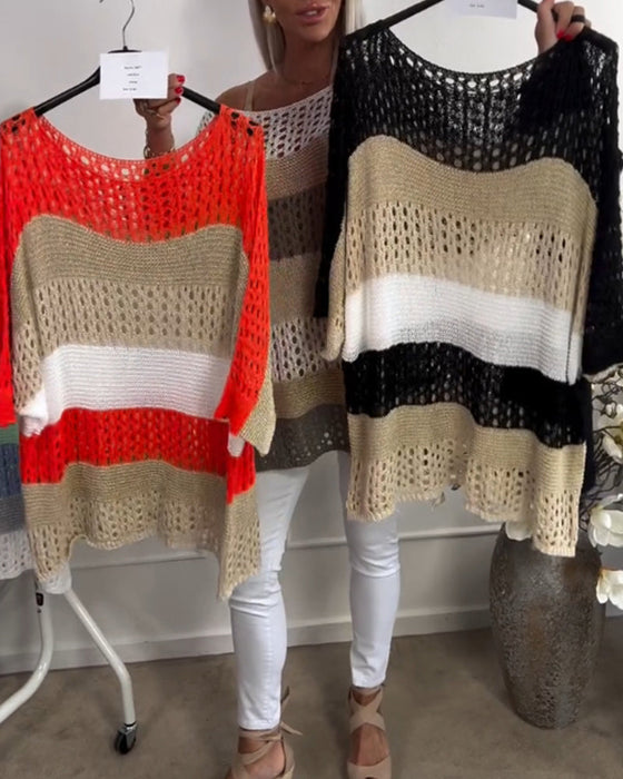 Casual color block hollow long sleeve pullover