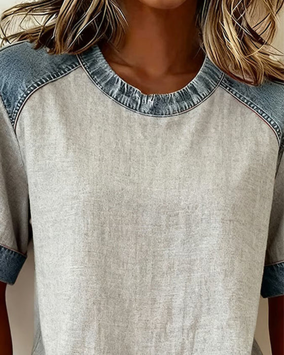 Denim Patchwork Short-Sleeved Top