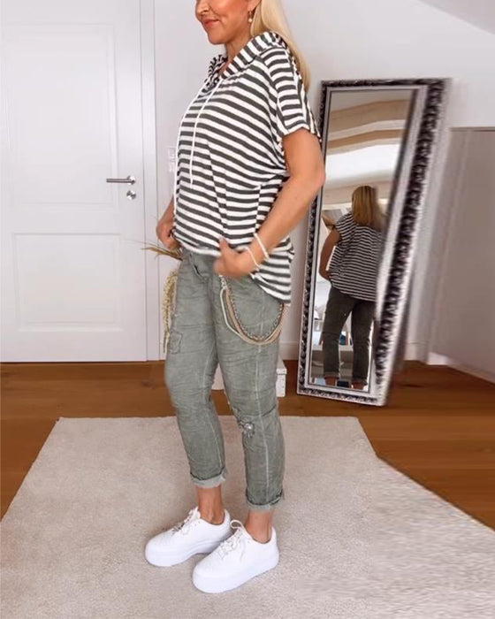 Hooded Casual Striped T-Shirt