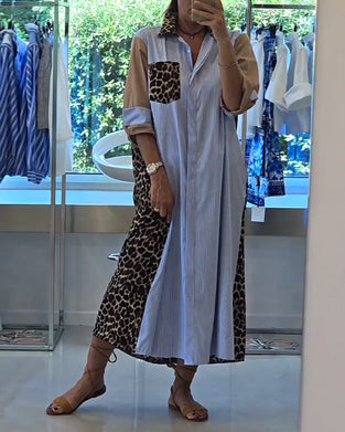 Casual leopard stripe print lapel dress