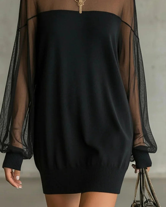 Lantern Sleeve Solid Color Patchwork Dress