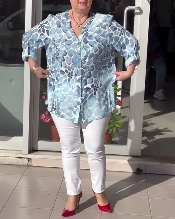 Casual printed v-neck button-down shirt