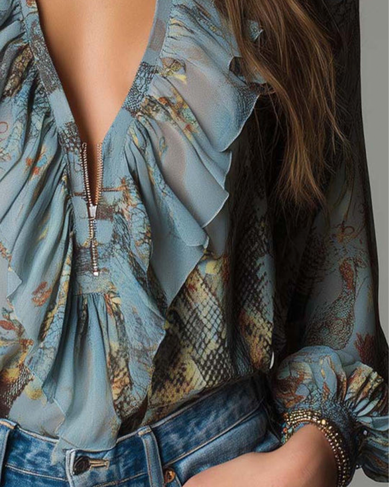 Deep V Ruffle Print Elegant Blouse