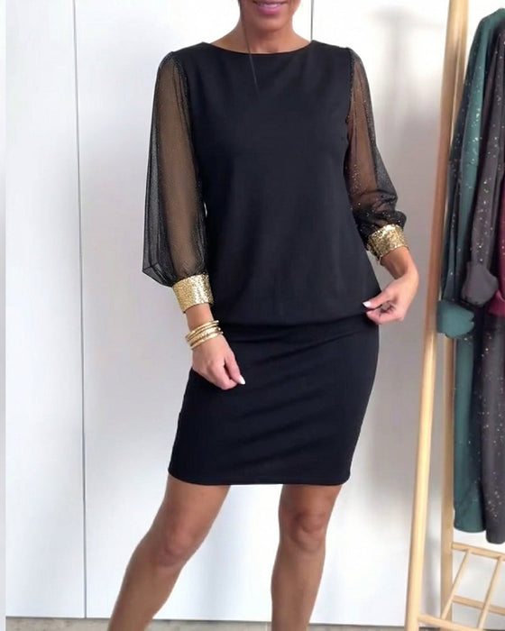 Tulle Color-Blocking Long Sleeve Dress